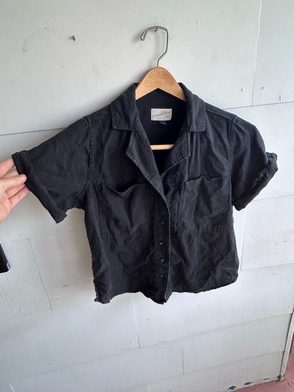 Black Linen Blend Classic Camp Collar Button Up Size XS